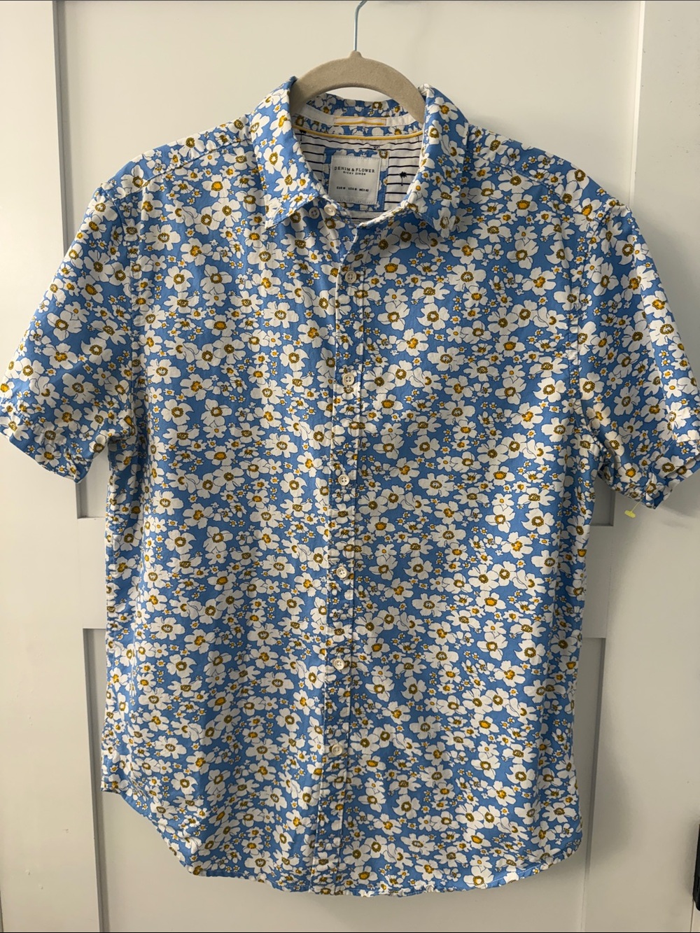 Denim & Flower 100% Cotton Blue Short-Sleeve Floral Button-Down Shirt